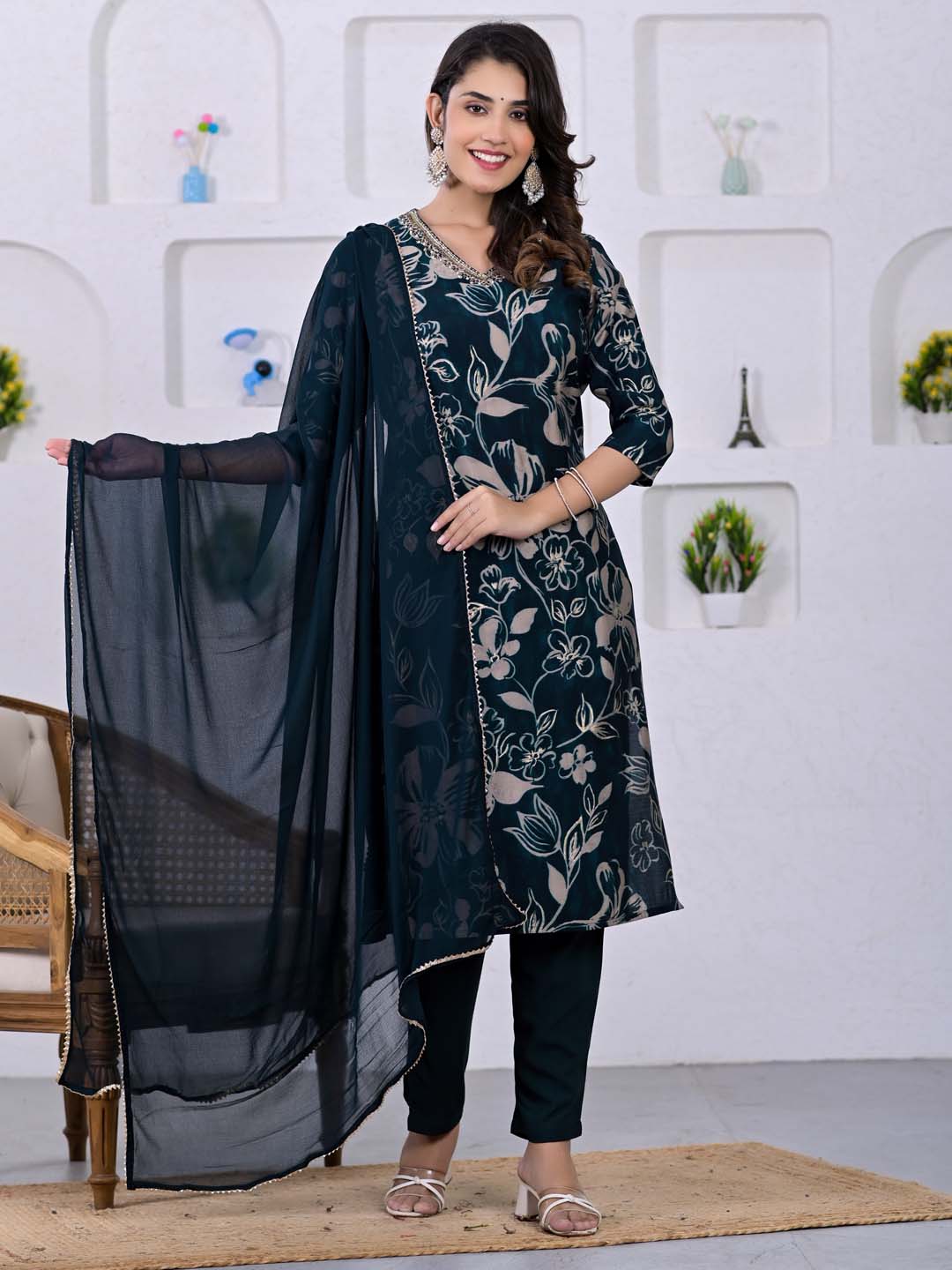 Floral Chanderi Suit Set with Dupatta