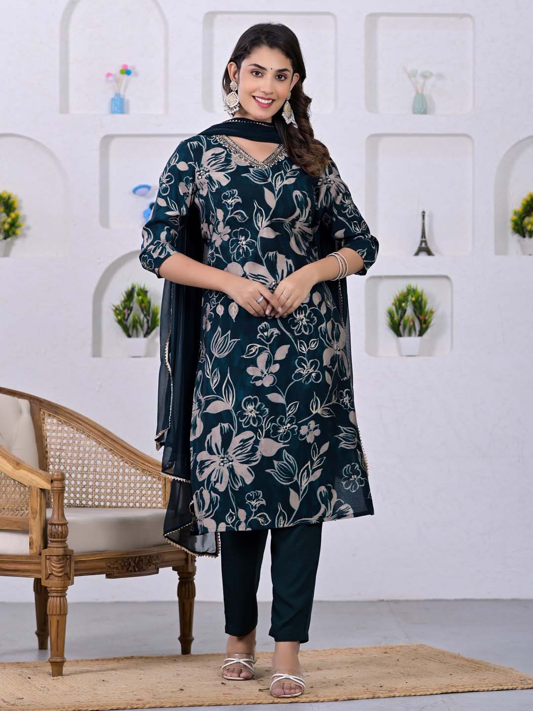 Floral Chanderi Suit Set with Dupatta