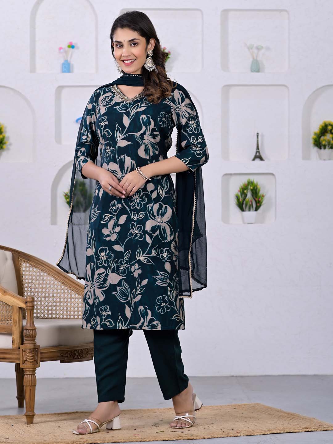 Floral Chanderi Suit Set with Dupatta