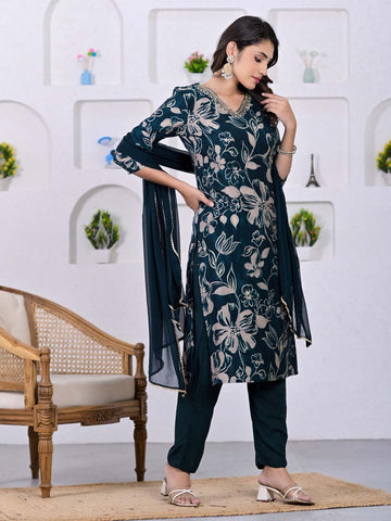 Floral Chanderi Suit Set with Dupatta