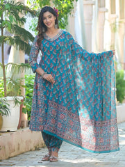 Lake Blue Cotton Salwar Suit With Dori