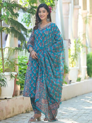 Lake Blue Cotton Salwar Suit With Dori