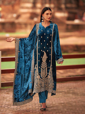 Neck Embroidered Velvet Unstitched Suit Piece With Dupatta