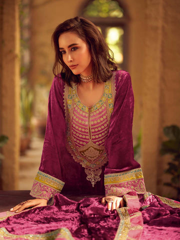 Neck Embroidered Velvet Unstitched Suit Piece With Dupatta