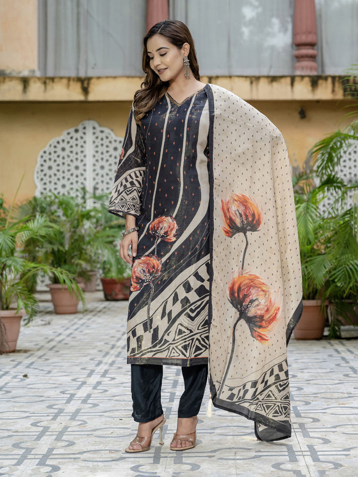 Printed Embroidered Art Silk Kurta With Pants &amp; Dupatta