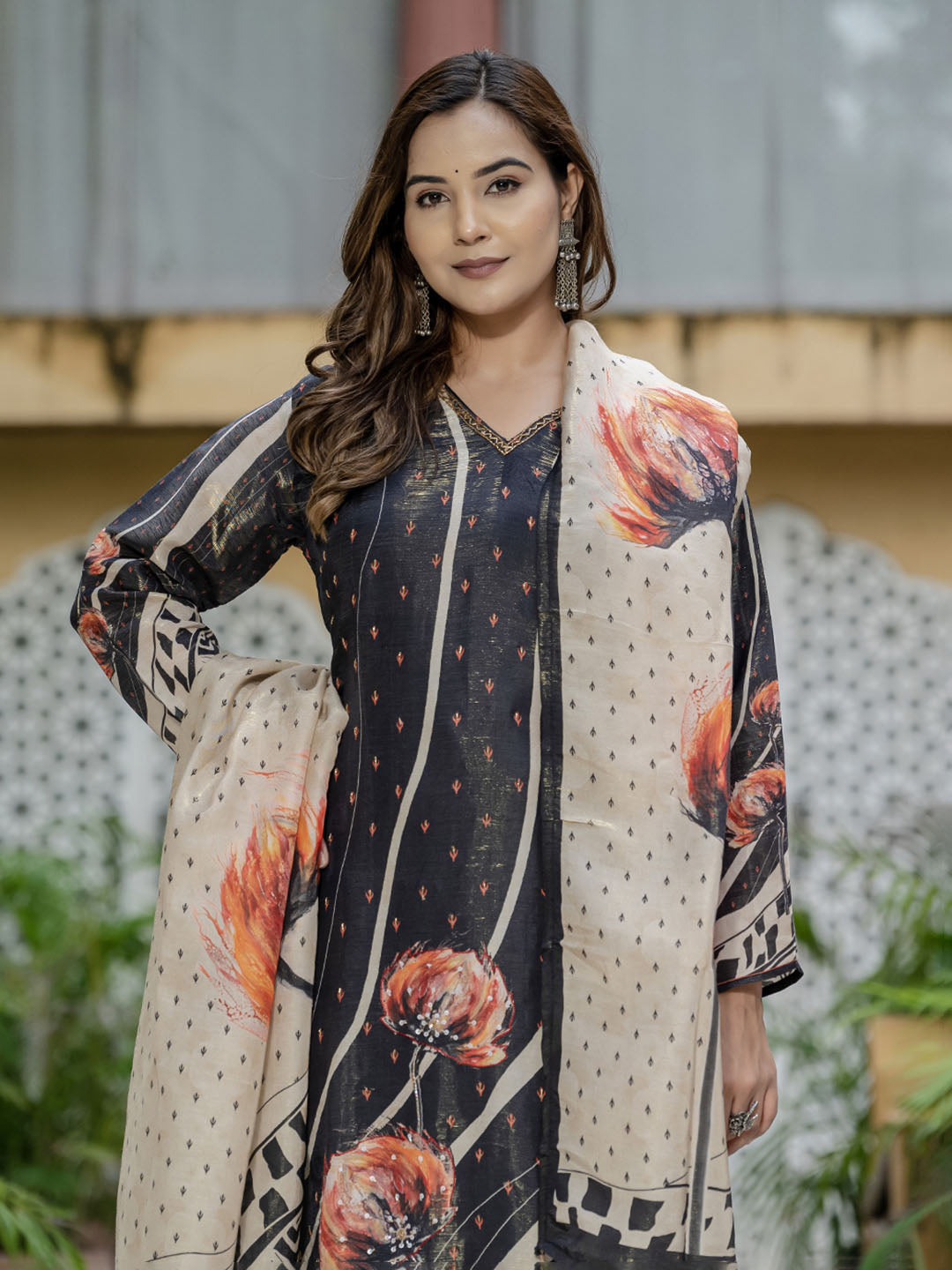 Printed Embroidered Art Silk Kurta With Pants &amp; Dupatta