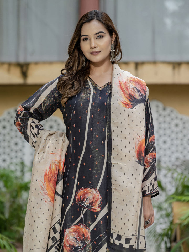 Printed Embroidered Art Silk Kurta With Pants &amp; Dupatta