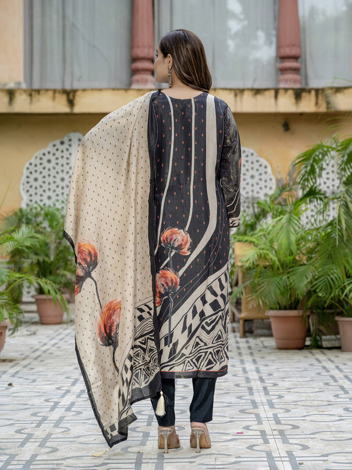 Printed Embroidered Art Silk Kurta With Pants &amp; Dupatta