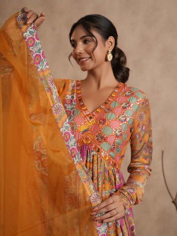 Floral Printed Cotton Anarkali Kurta With Legging And Dupatta