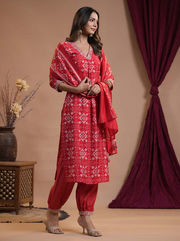 Floral Printed Cotton Kurta With Pants & Dupatta