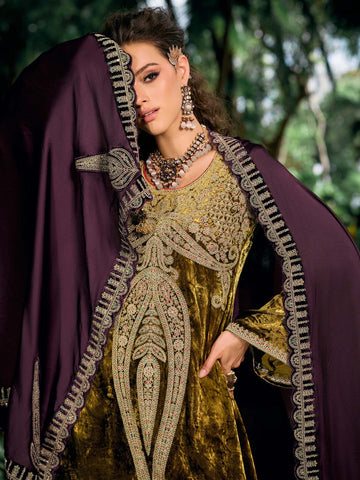 Neck Embroidered Velvet Unstitched Suit Piece With Dupatta