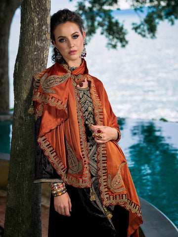 Neck Embroidered Velvet Unstitched Suit Piece With Dupatta