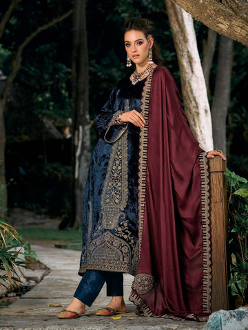 Neck Embroidered Velvet Unstitched Suit Piece With Dupatta