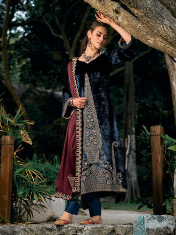 Neck Embroidered Velvet Unstitched Suit Piece With Dupatta