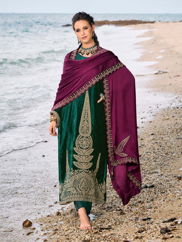 Neck Embroidered Velvet Unstitched Suit Piece With Dupatta
