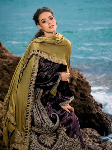 Neck Embroidered Velvet Unstitched Suit Piece With Dupatta