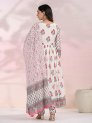 Floral Printed Cotton Kurta With Pants & Dupatta