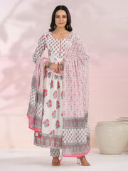 Floral Printed Cotton Kurta With Pants & Dupatta