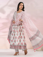 Floral Printed Cotton Kurta With Pants & Dupatta