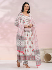 Floral Printed Cotton Kurta With Pants & Dupatta