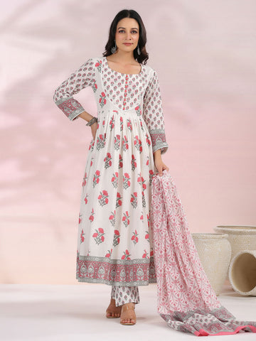 Floral Printed Cotton Kurta With Pants & Dupatta