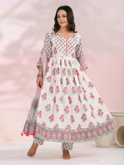 Floral Printed Cotton Kurta With Pants & Dupatta