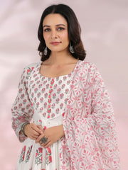 Floral Printed Cotton Kurta With Pants & Dupatta