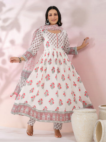 Floral Printed Cotton Kurta With Pants & Dupatta