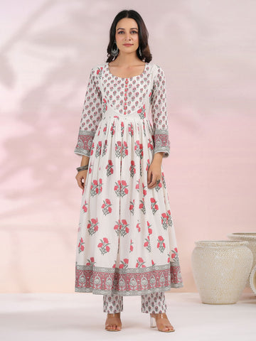 Floral Printed Cotton Kurta With Pants & Dupatta