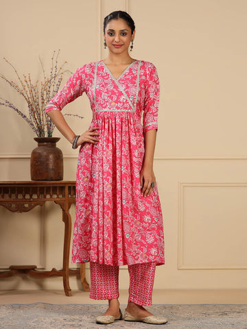 Floral Printed Muslin Anarkali Kurta Set