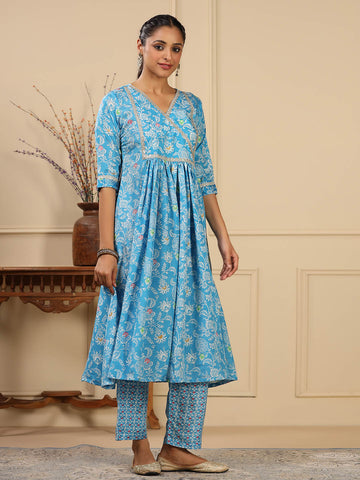 Floral Printed Muslin Anarkali Kurta Set