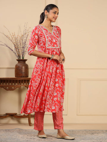 Floral Printed Muslin Anarkali Kurta Set