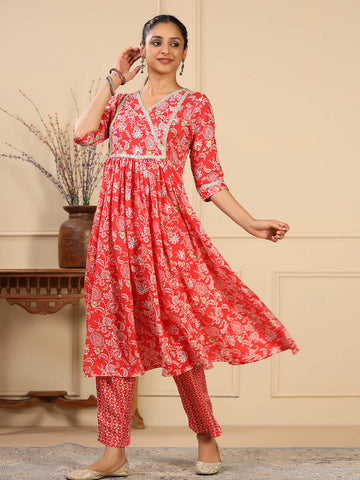 Floral Printed Muslin Anarkali Kurta Set