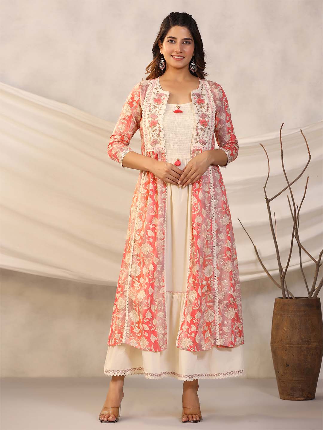 Floral Printed Cotton Gown With Jacket