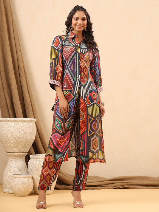 Multi-colored Mirror Work Long Kurti Co-ord Set