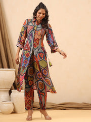 Multi-colored Mirror Work Long Kurti Co-ord Set