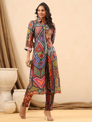 Multi-colored Mirror Work Long Kurti Co-ord Set