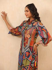 Multi-colored Mirror Work Long Kurti Co-ord Set