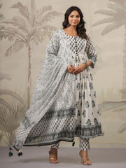 Floral Printed Cotton Kurta With Pants & Dupatta