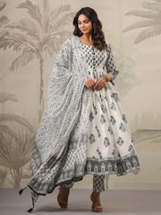 Floral Printed Cotton Kurta With Pants & Dupatta