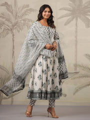 Floral Printed Cotton Kurta With Pants & Dupatta