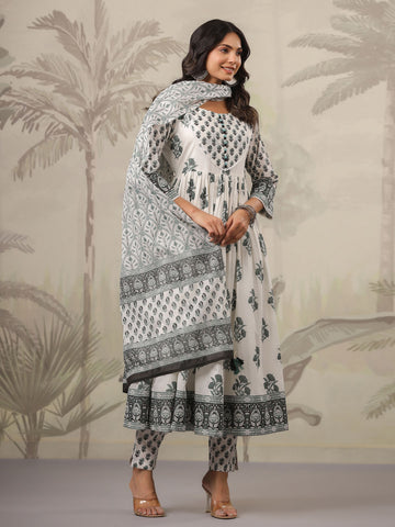 Floral Printed Cotton Kurta With Pants & Dupatta