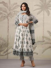 Floral Printed Cotton Kurta With Pants & Dupatta