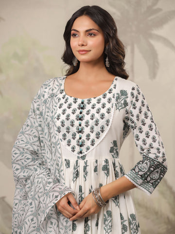 Floral Printed Cotton Kurta With Pants & Dupatta