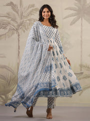 Floral Printed Cotton Kurta With Pants & Dupatta