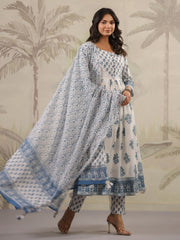 Floral Printed Cotton Kurta With Pants & Dupatta