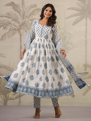 Floral Printed Cotton Kurta With Pants & Dupatta