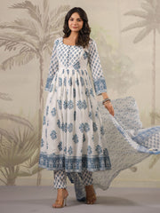 Floral Printed Cotton Kurta With Pants & Dupatta