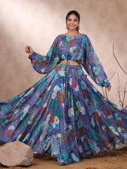 Floral Printed Crepe Crop Top With Lehenga