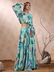 Floral Printed Crepe Crop Top With Lehenga